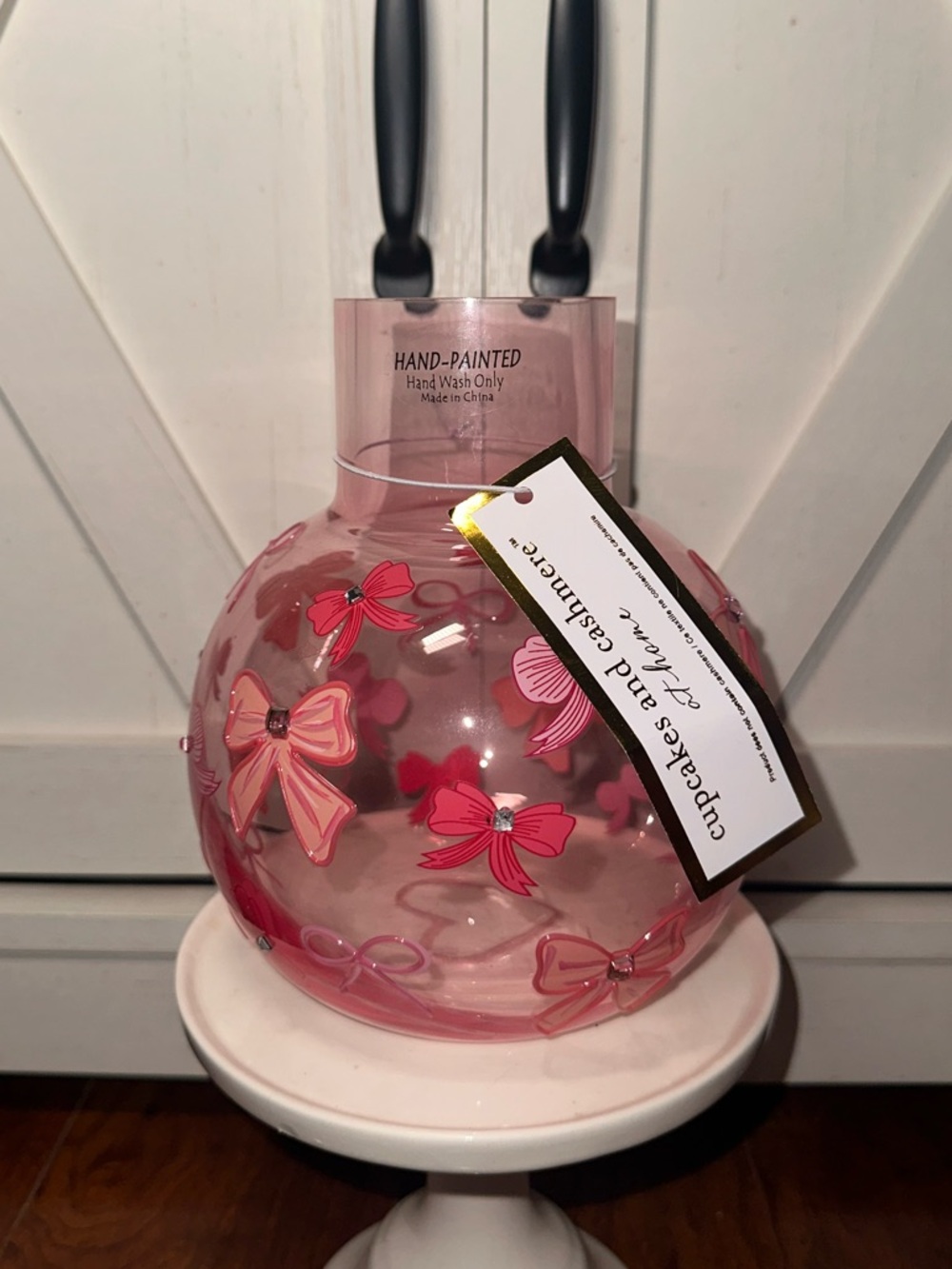 Cupcakes & Cashmere Hand-Painted Pink Bow Decorative Vase